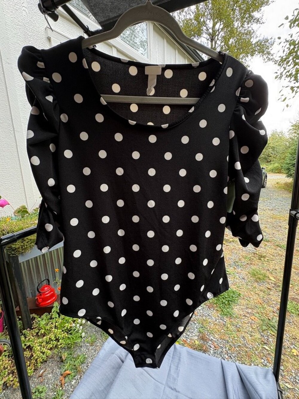 H&M, Black & White, Polka Dot, Puff Sleeve Bodysuit – Large